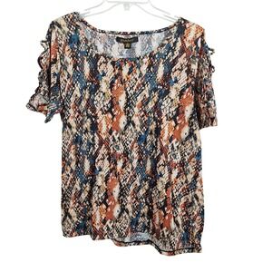 Goddess Womens XL Snakeskin Print Short Sleeve Lattice Cage Detail Orange Blue